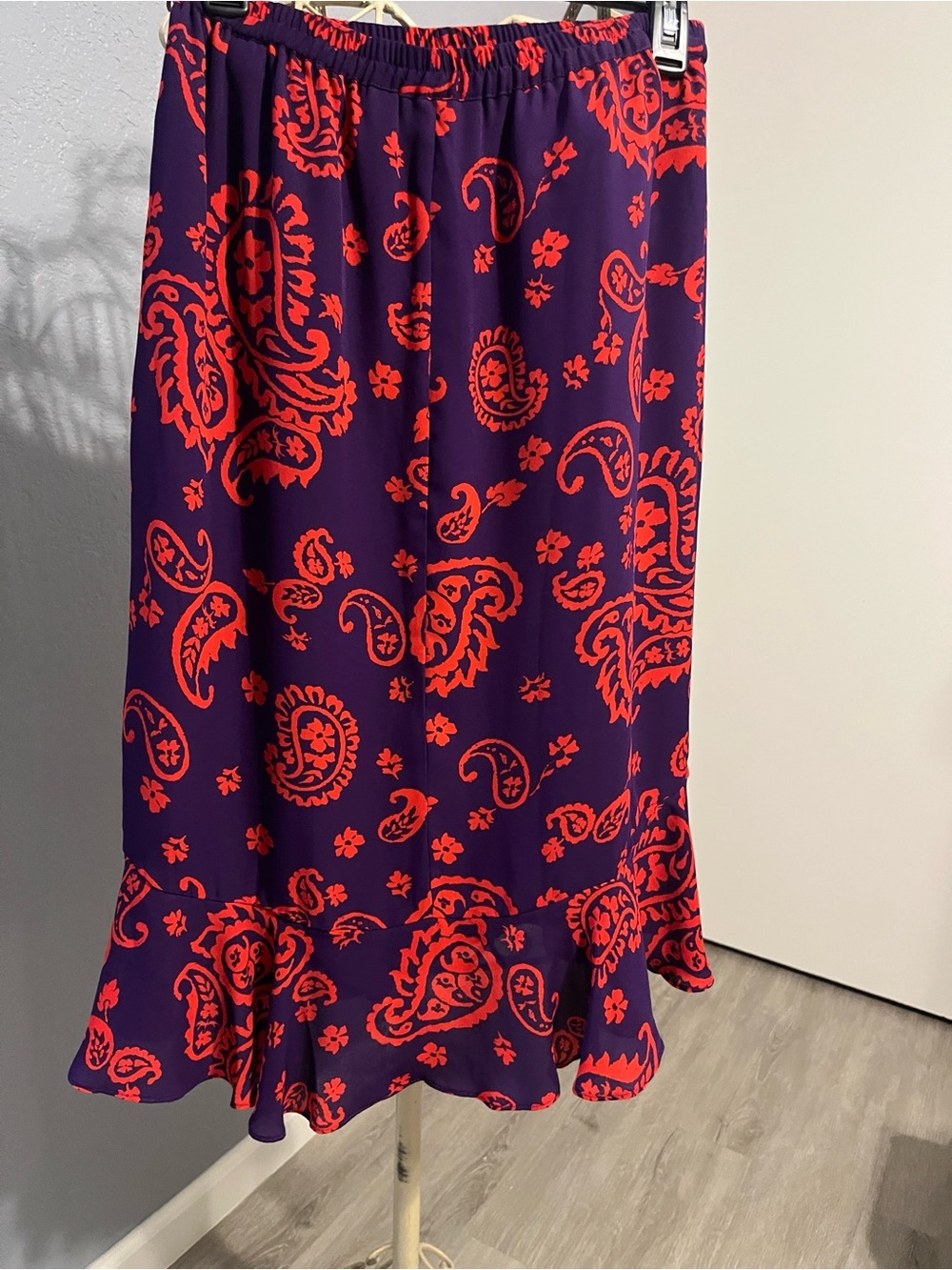 Linea by Louis Dell'Olio Purple and Red Paisley Midi Skirt with Ruffle Hem